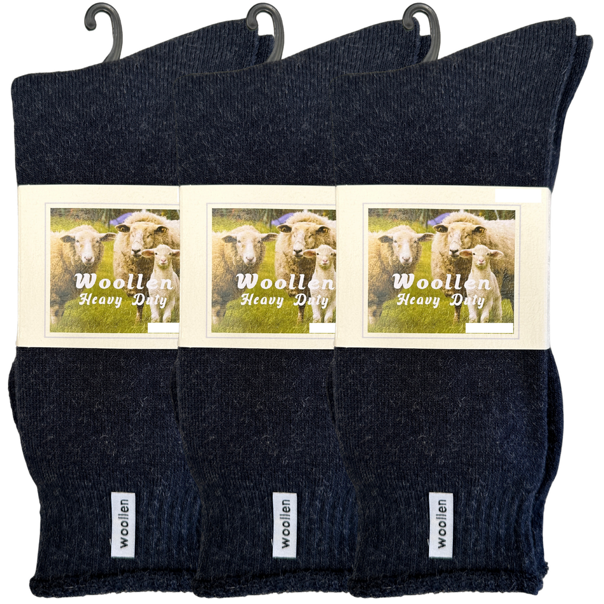 3 Pairs Navy Blue Premium Mens Wool Socks - Heavy Duty Thick Work Socks w/ Cushion