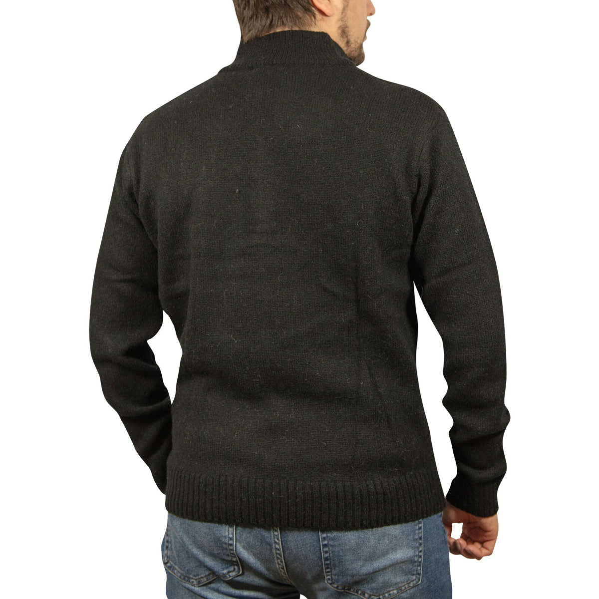 100 Shetland Ragg Wool Half Zip Up Knit Jumper Pullover Mens Sweater Knitted Plain Black