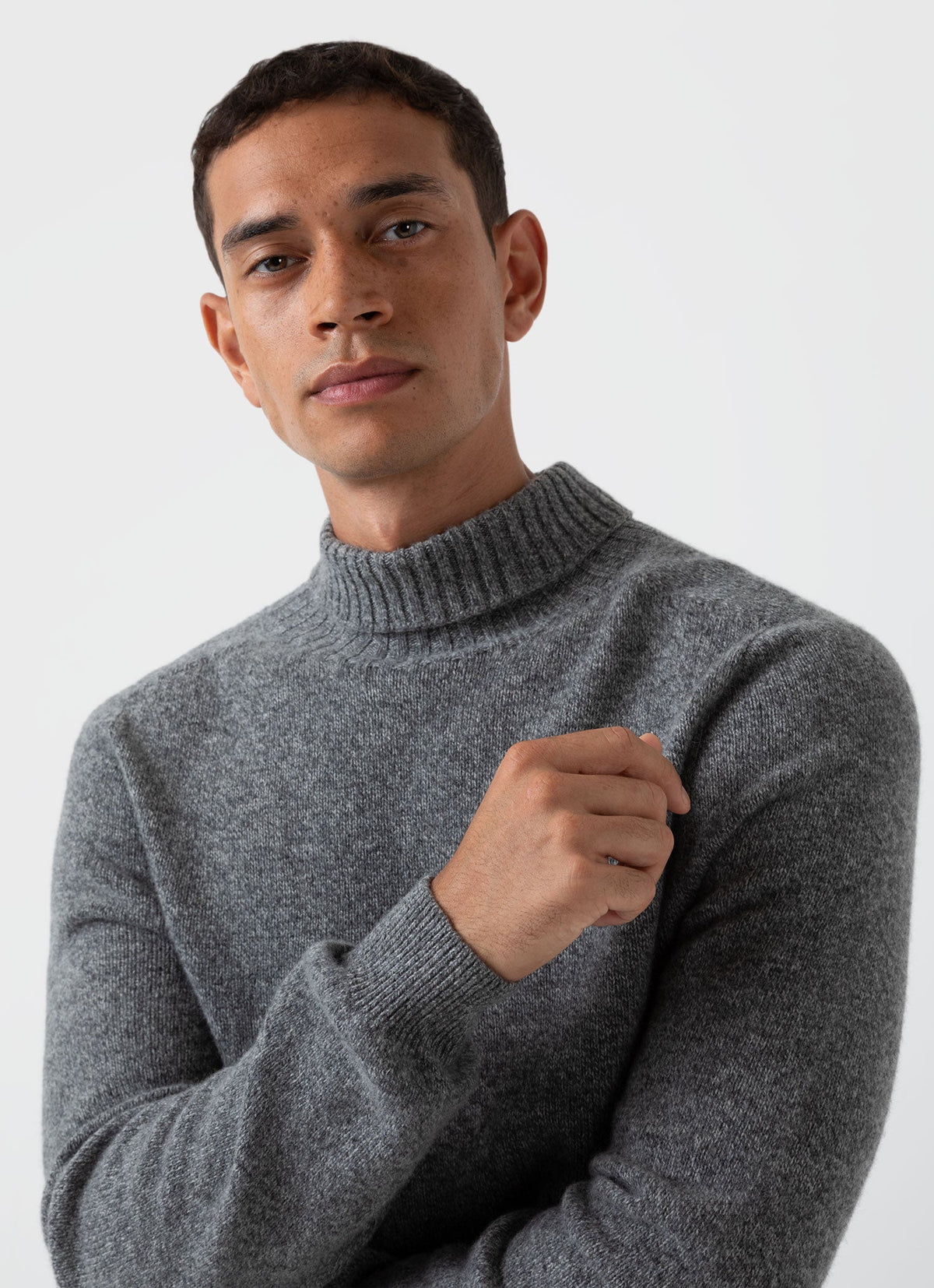 Mens Roll Neck Sweater In Mid Grey Melange