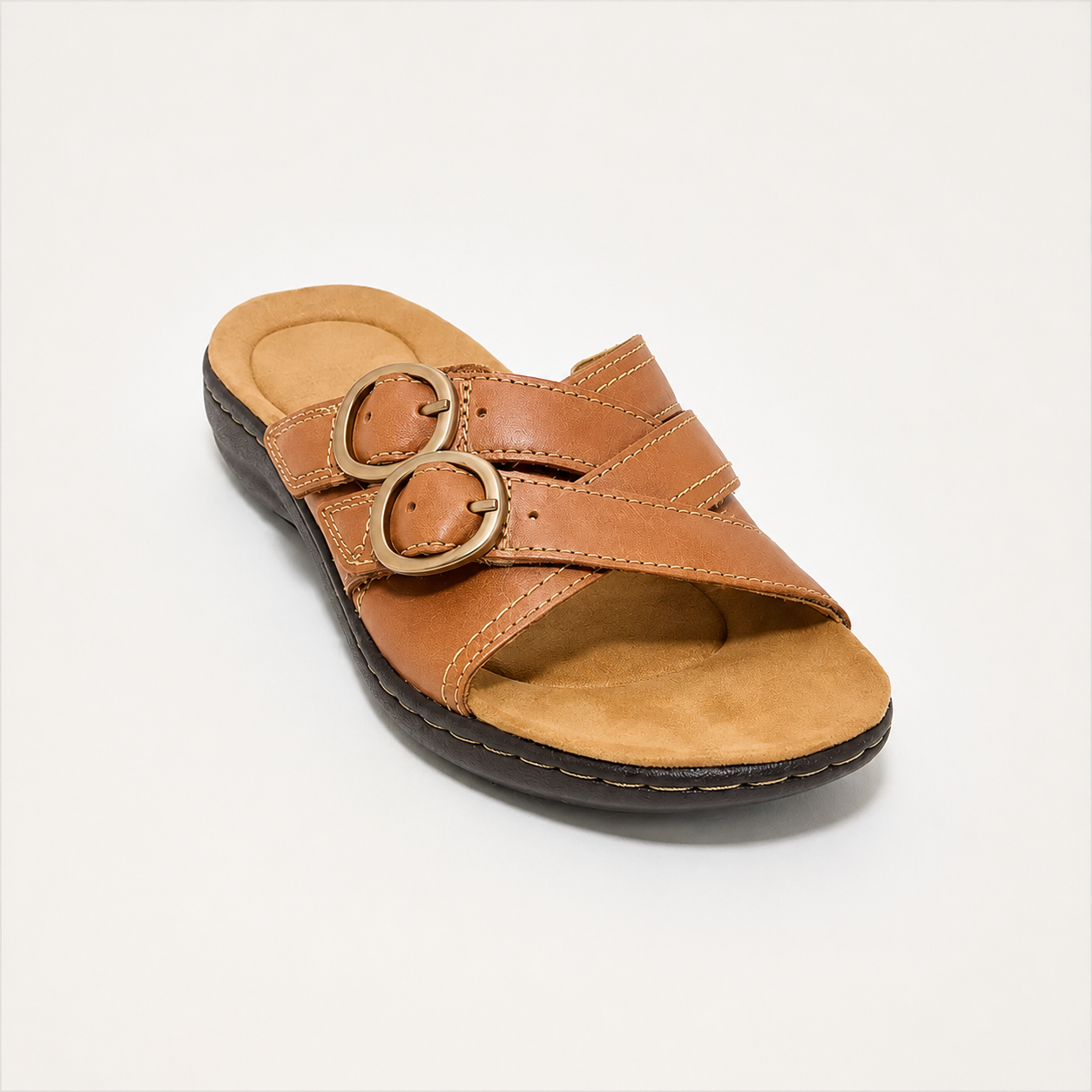 Women's Double-Buckle Adjustable Leather Slides – Comfortable Casual Sandals for Everyday Wear