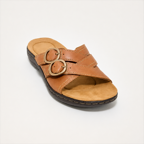 Women's Double-Buckle Adjustable Leather Slides – Comfortable Casual Sandals for Everyday Wear