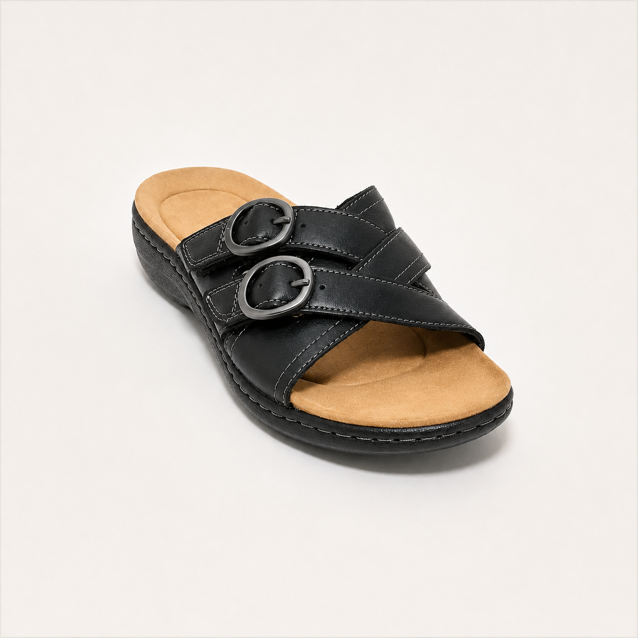 Women's Double-Buckle Adjustable Leather Slides – Comfortable Casual Sandals for Everyday Wear
