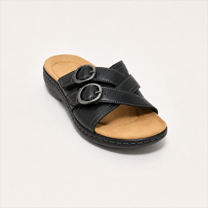Women's Double-Buckle Adjustable Leather Slides – Comfortable Casual Sandals for Everyday Wear