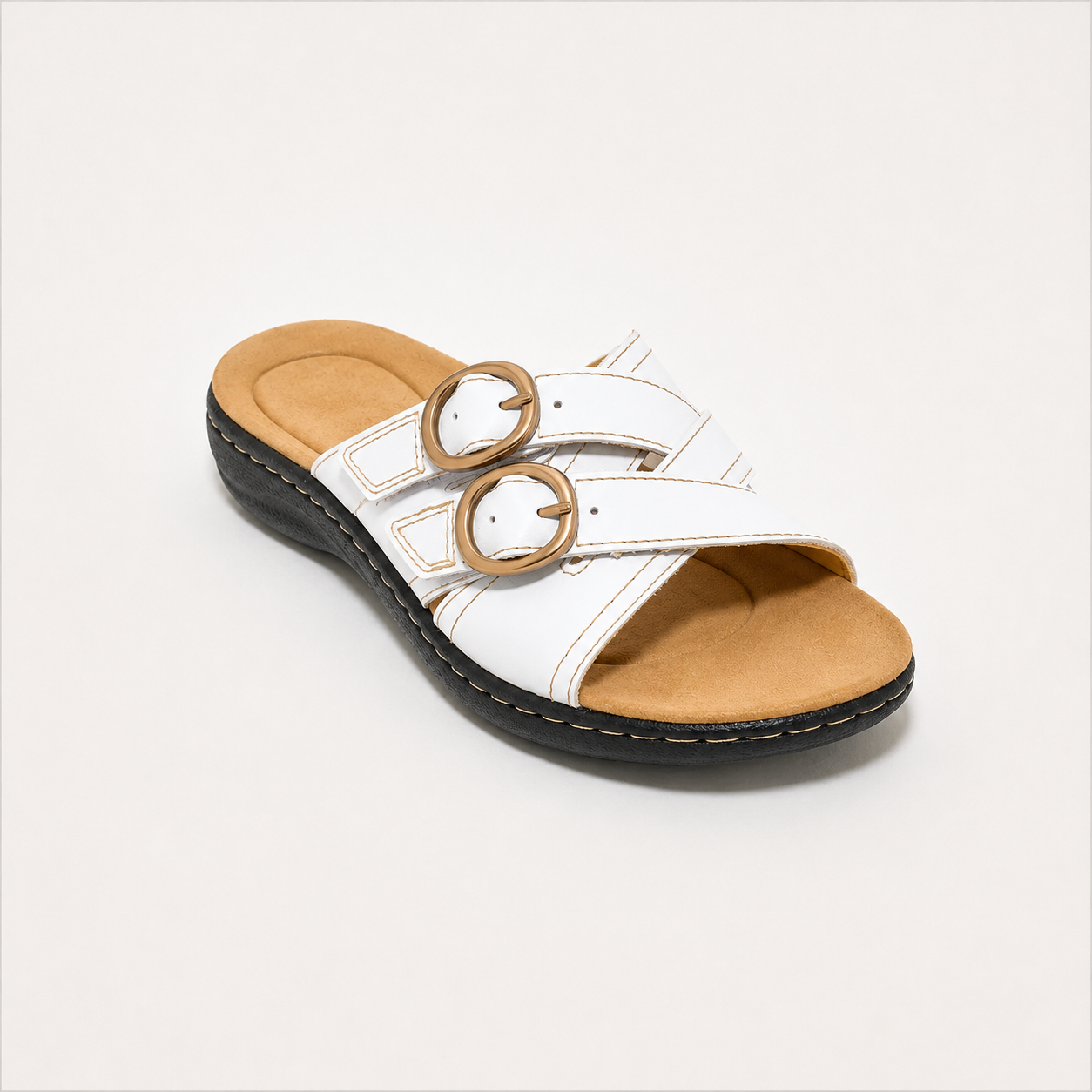 Women's Double-Buckle Adjustable Leather Slides – Comfortable Casual Sandals for Everyday Wear