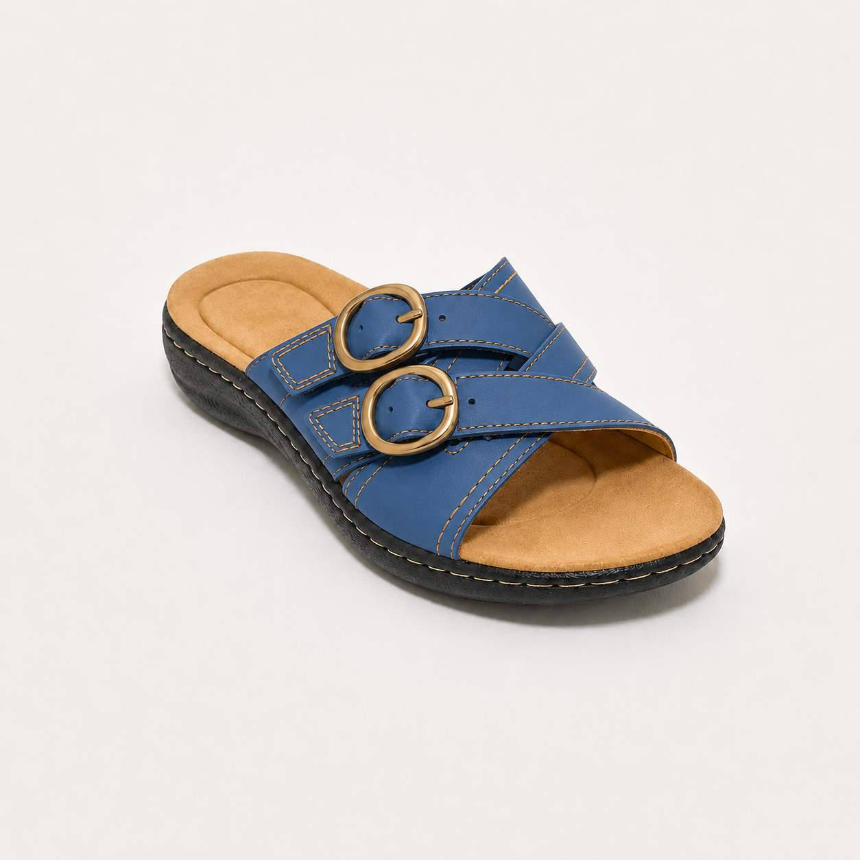 Women's Double-Buckle Adjustable Leather Slides – Comfortable Casual Sandals for Everyday Wear