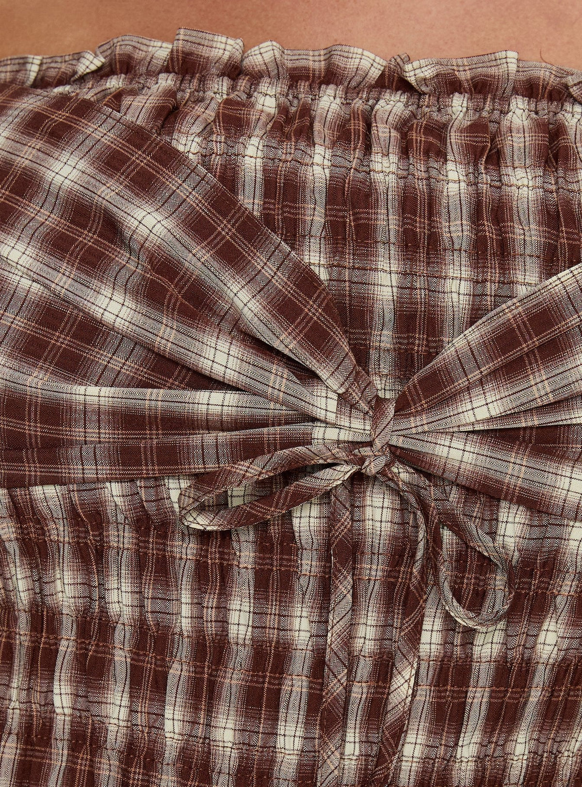 Avalynn Off Shoulder Shirred Top Brown Check Curve