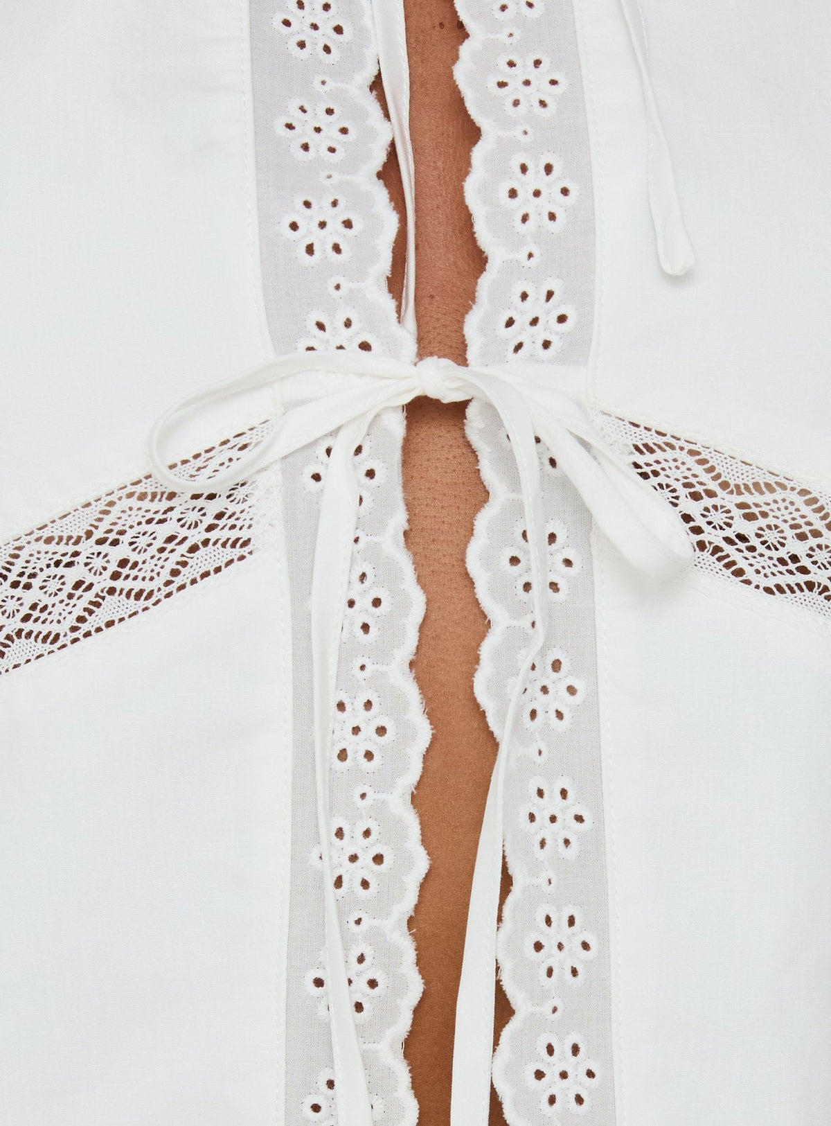 Better Days Tie Front Lace Detail Top White