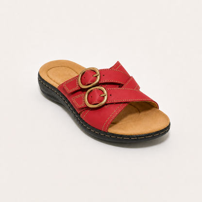 Women's Double-Buckle Adjustable Leather Slides – Comfortable Casual Sandals for Everyday Wear