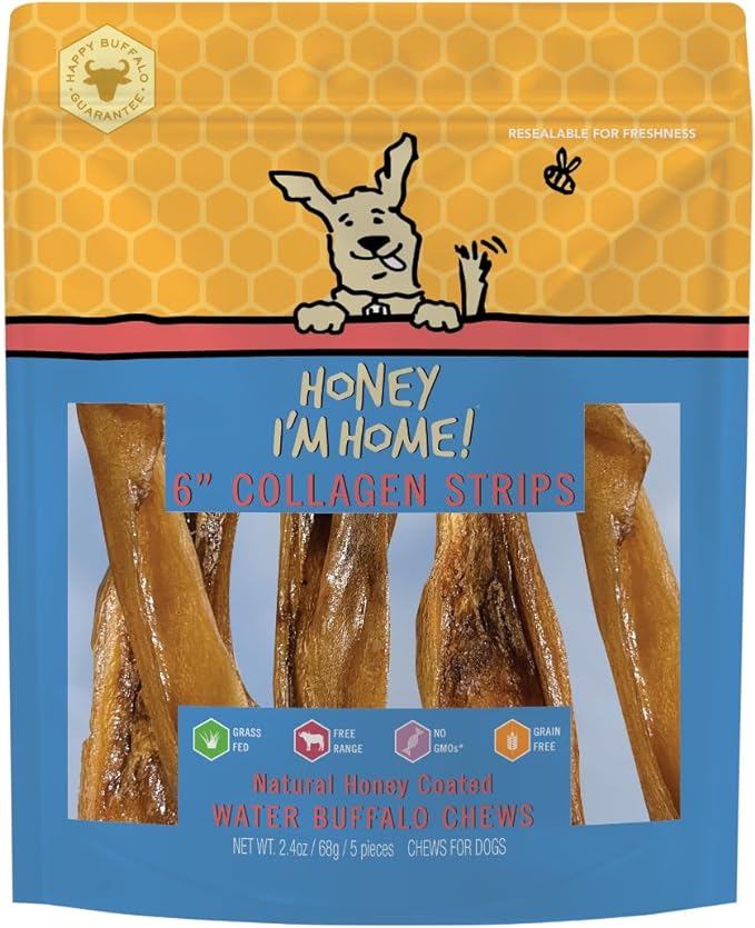 Honey I'm Home Natural Honey Coated 6" Collagen Strip Buffalo Chews, 5 Count