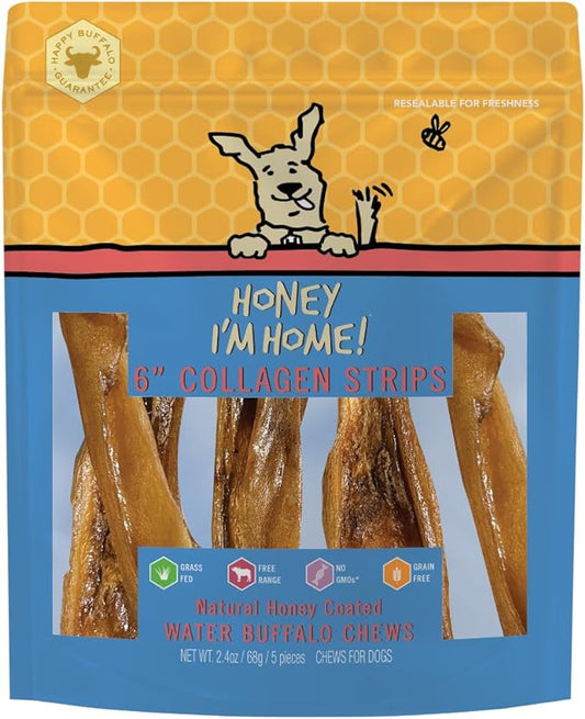 Honey I'm Home Natural Honey Coated 6" Collagen Strip Buffalo Chews, 5 Count