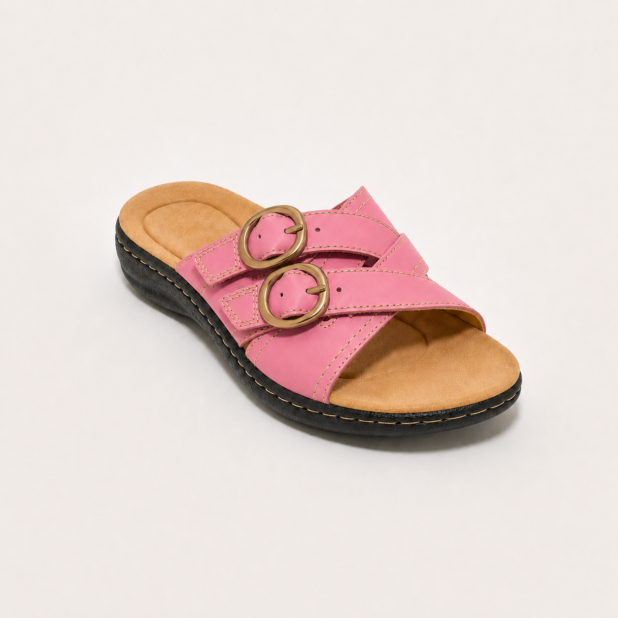 Women's Double-Buckle Adjustable Leather Slides – Comfortable Casual Sandals for Everyday Wear