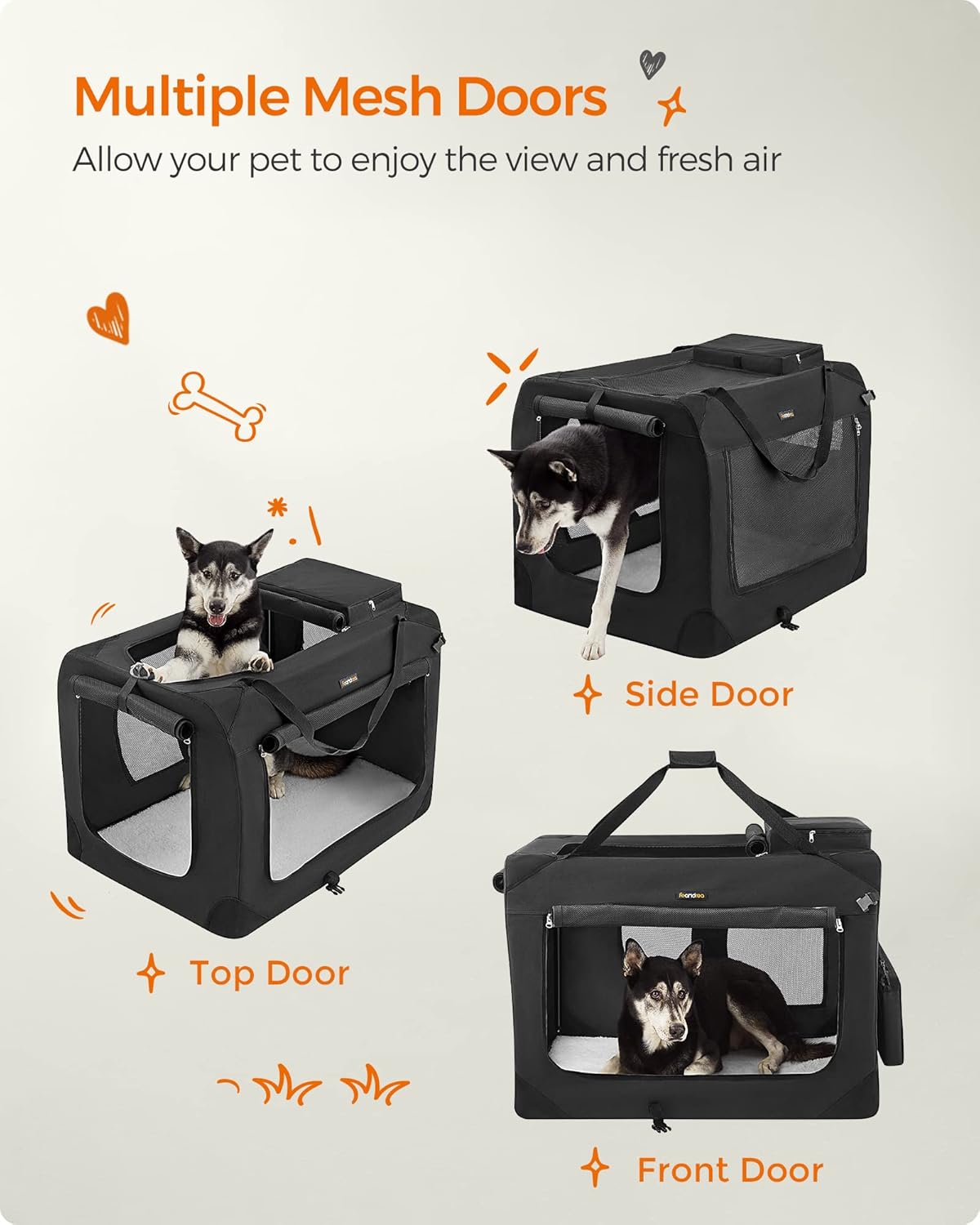 Feandrea - Portable & Collapsible Soft Travel Crate for Dogs, Cats and Rabbits - Black