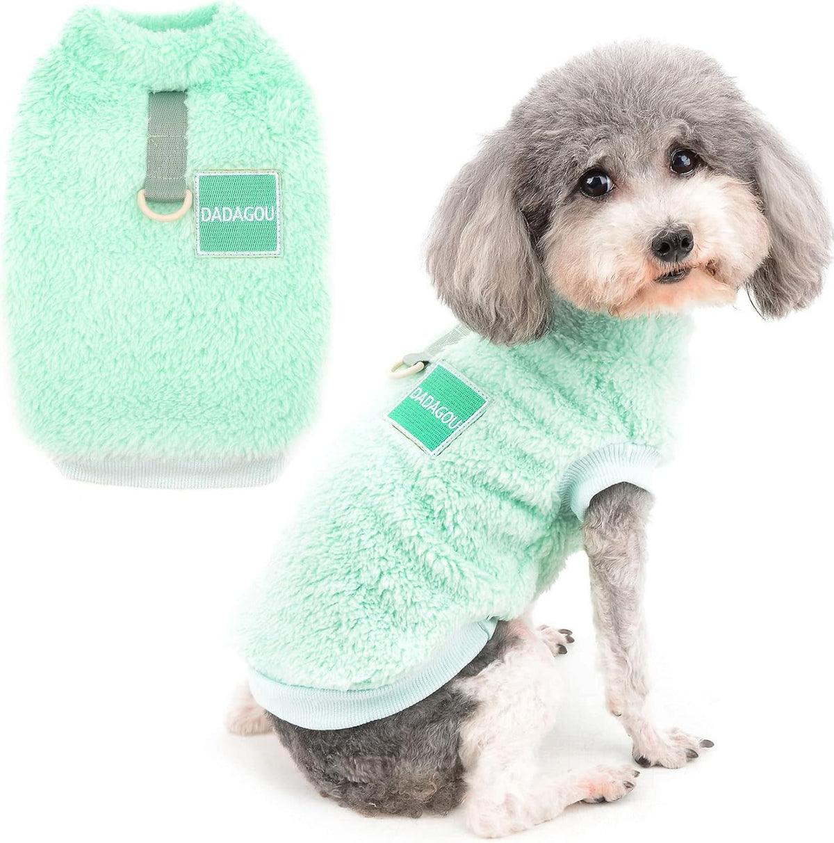 Cozy fleece dog sweater with D-ring - warm winter wear for small breeds & cats (Green)
