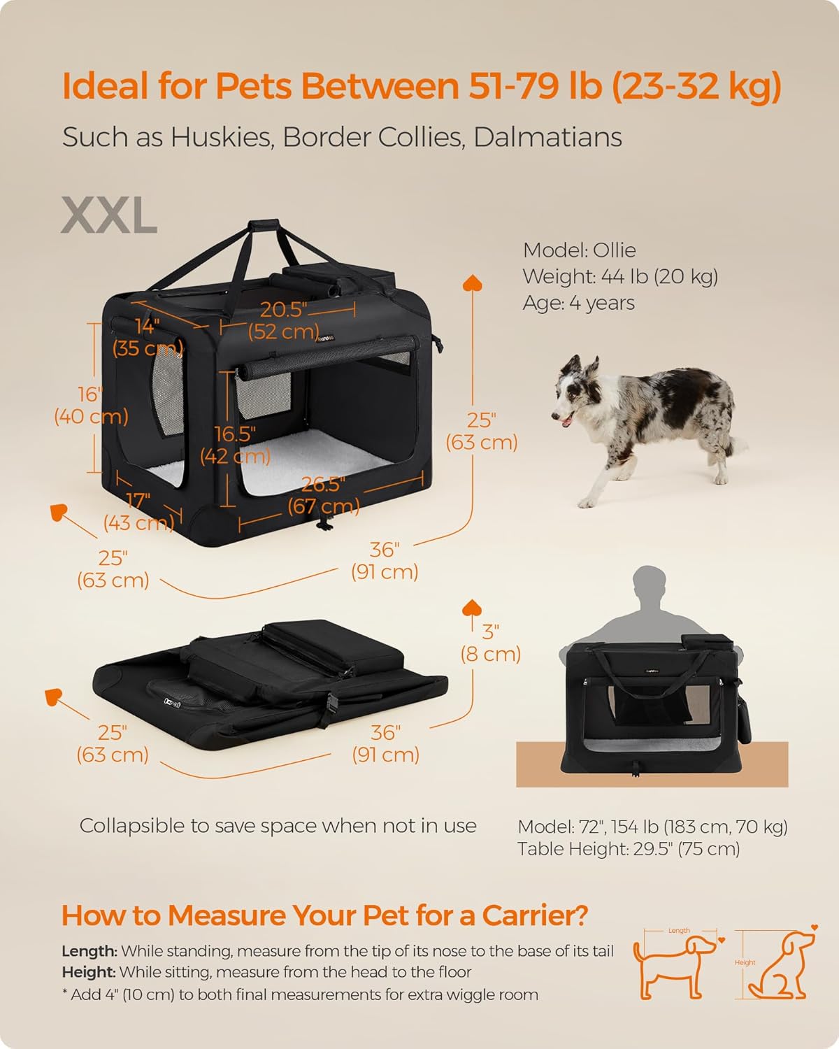 Feandrea - Portable & Collapsible Soft Travel Crate for Dogs, Cats and Rabbits - Black