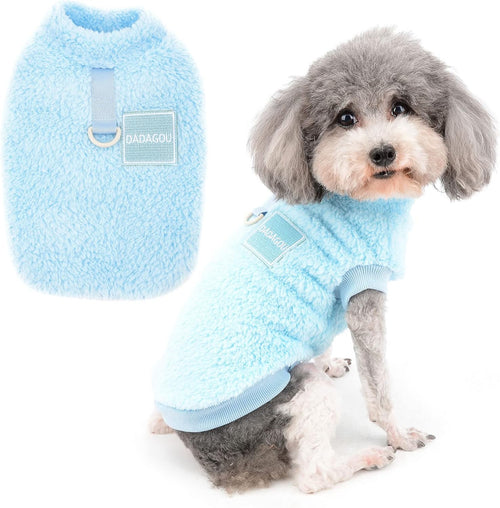Fleece dog jumper - warm winter sweater with D-ring for small dogs & cats, soft & cozy for cold weather (Blue)