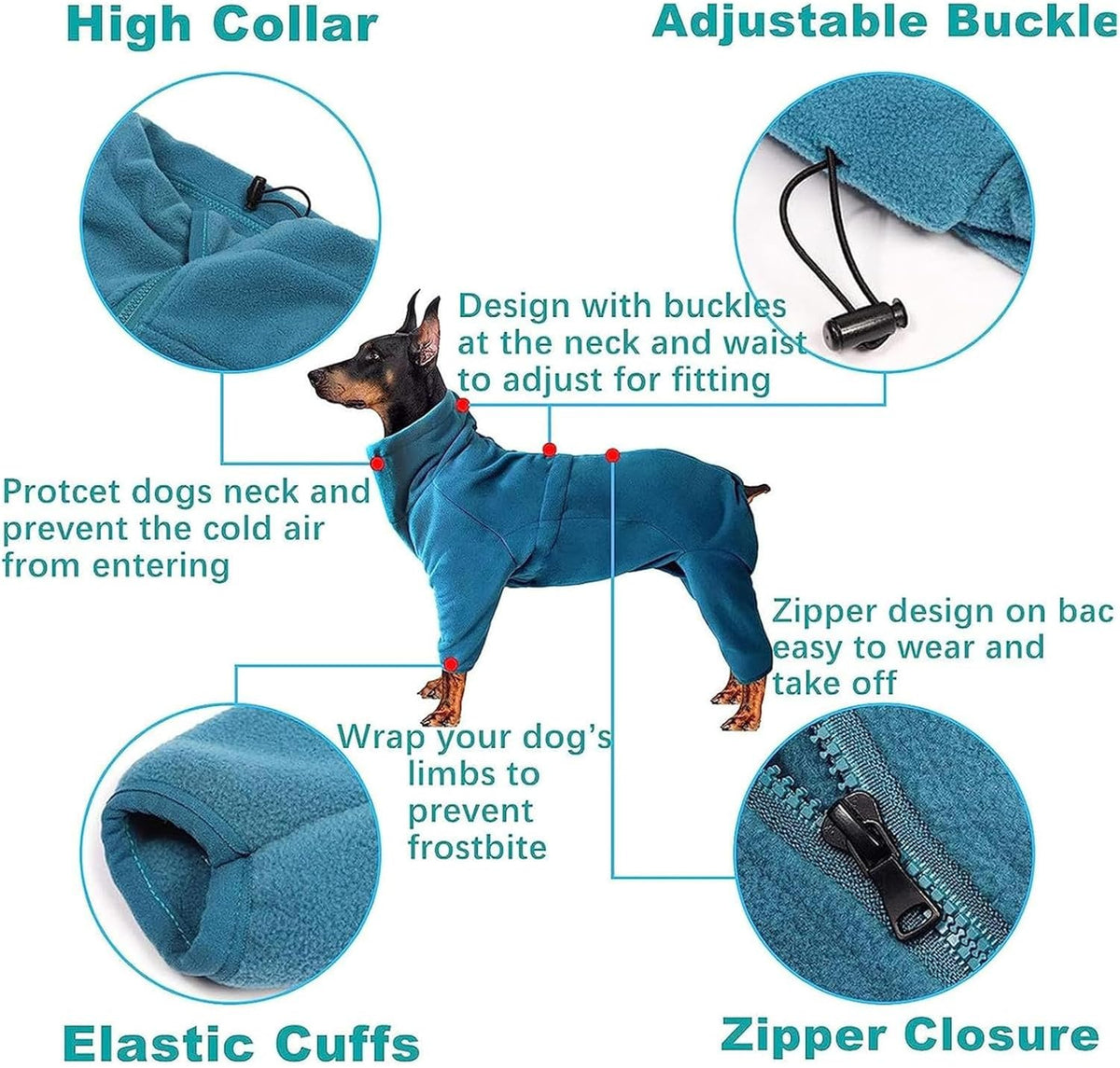 Cozy - fleece dog jacket with zipper and high neck—windproof, full-body warmth for small dogs in winter ( Turquoise).