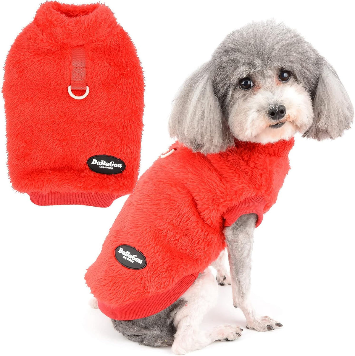 Cozy fleece dog sweater with D-ring - warm winter wear for small breeds & cats (Red)