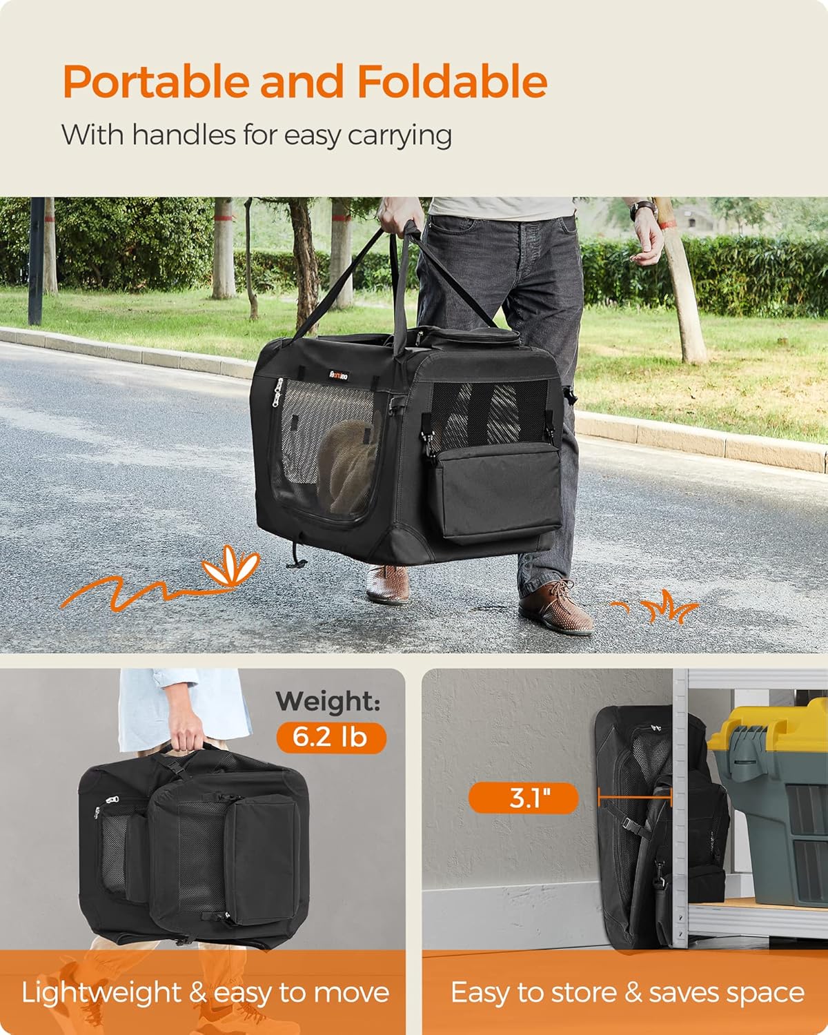 Feandrea - Portable & Collapsible Soft Travel Crate for Dogs, Cats and Rabbits - Black