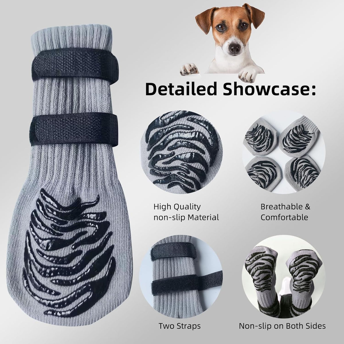 HCPET - Anti-slip dog socks with dual straps ideal paw protection on hardwood floors and pavements (Grey).