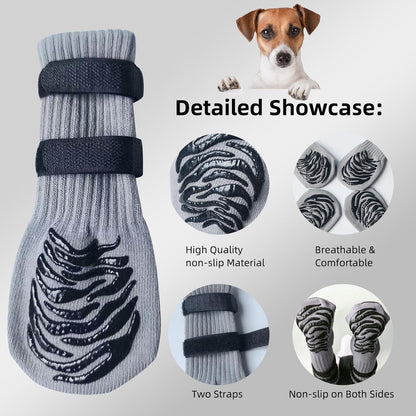 HCPET - Anti-slip dog socks with dual straps ideal paw protection on hardwood floors and pavements (Grey).