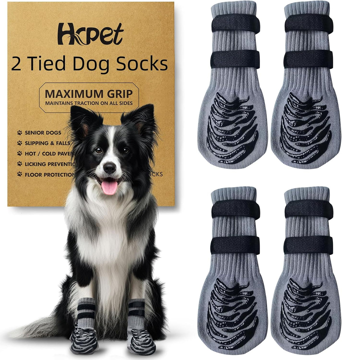 HCPET - Anti-slip dog socks with dual straps ideal paw protection on hardwood floors and pavements (Grey).