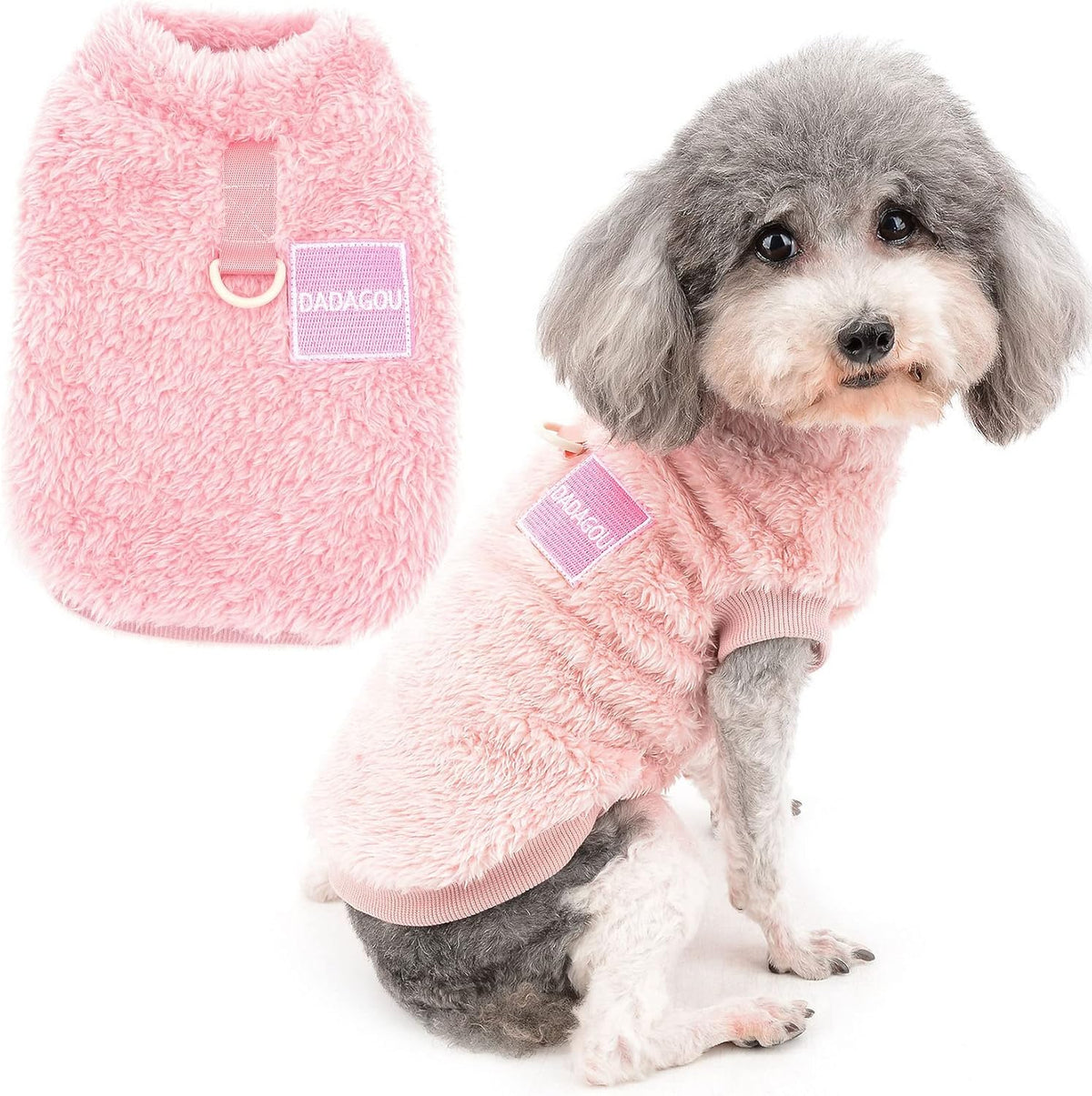 Cozy fleece dog sweater with D-ring - warm winter wear for small breeds & cats (Pink)