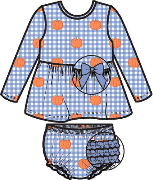 Baby Girls Pumpkin Patch Gingham Knit Long Sleeve Twirl Top & Bloomer Set