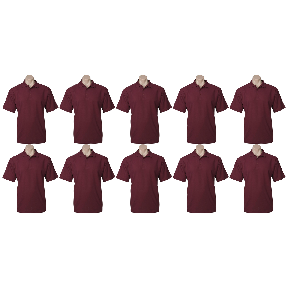 10x Mens Plain Short Sleeve Polo Shirt Bulk Pack - Burgundy (Pique Knit UPF Casual T-Shirt)