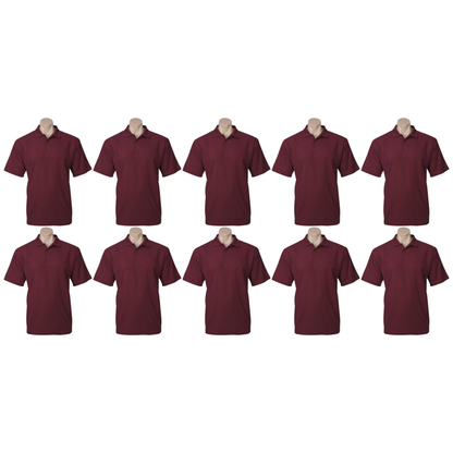 10x Mens Plain Short Sleeve Polo Shirt Bulk Pack - Burgundy (Pique Knit UPF Casual T-Shirt)