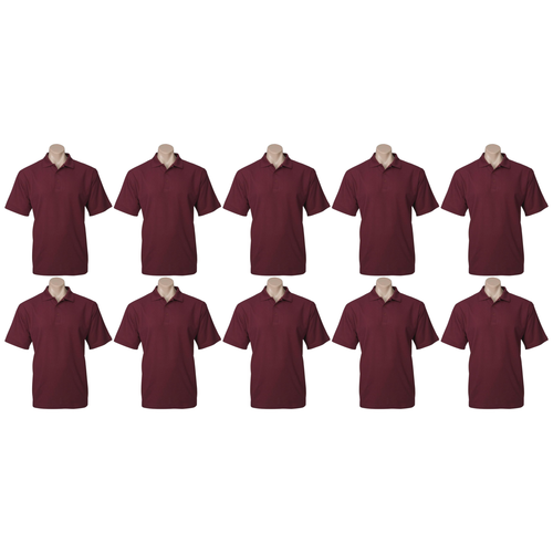 10x Mens Plain Short Sleeve Polo Shirt Bulk Pack - Burgundy (Pique Knit UPF Casual T-Shirt)