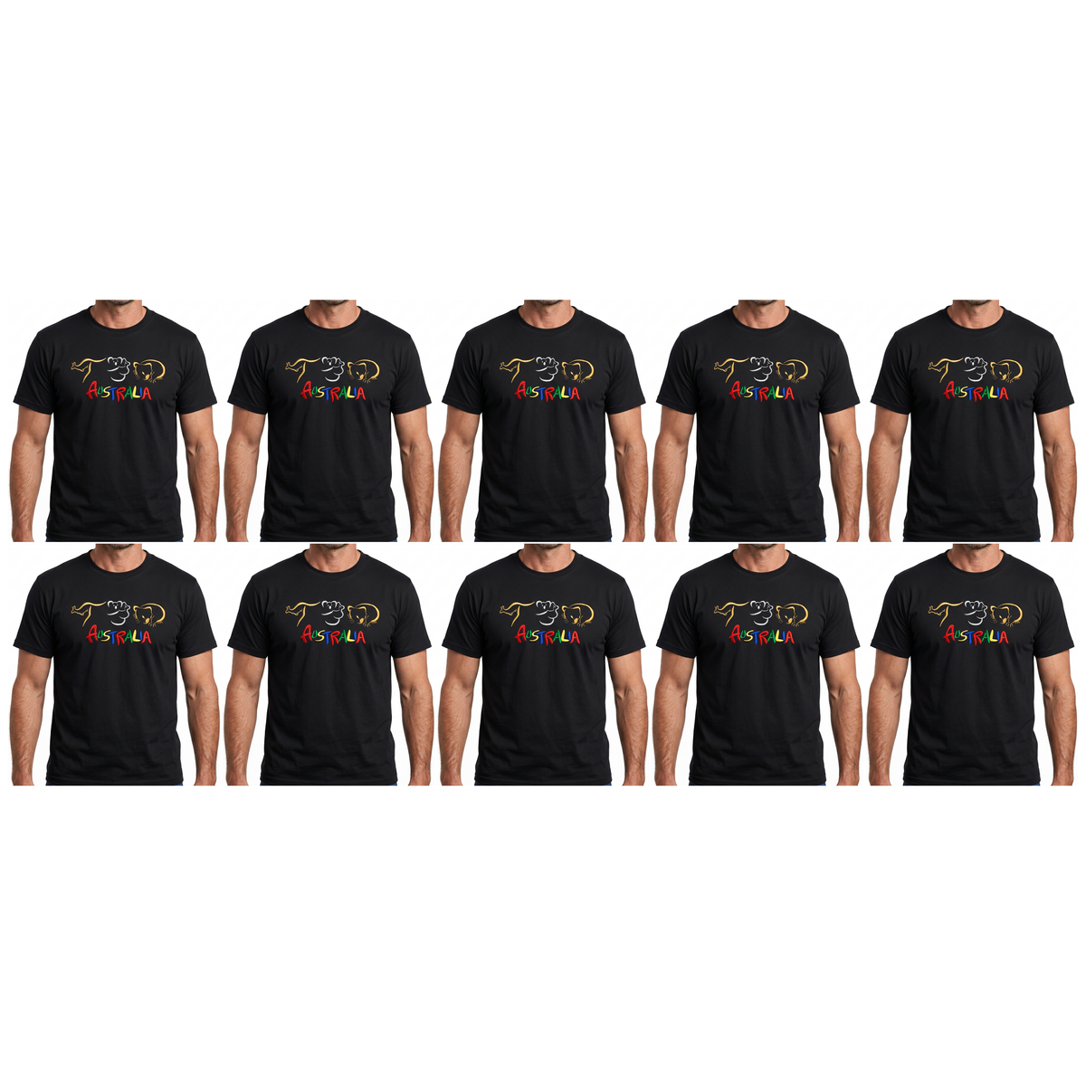 10x Adult Kangaroo/Koala/Wombat Australian Animals T-Shirt Bulk Pack - Black (100% Cotton Souvenir Gift Tee Top)