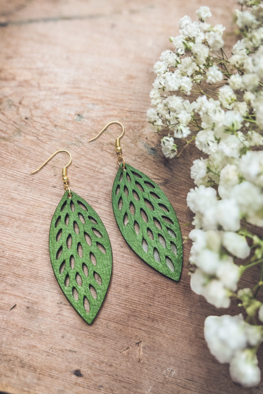 Beautiful Green Wood Leaf Earrings