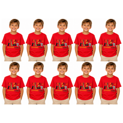 10x Kids Australian Animals T-Shirt Bulk Pack - Red (100% Cotton Childrens Souvenir Gift Top)