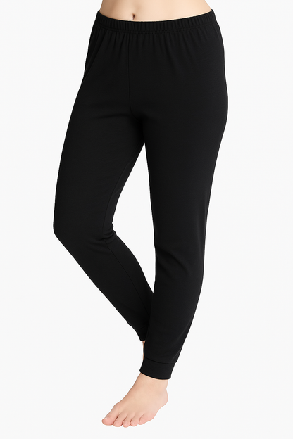 2pcs Set Womens Black Cotton Thermal Long Sleeve Top & Long Jane Pants Underwear