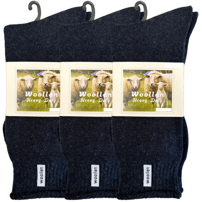 3 Pairs Navy Blue Premium Mens Wool Socks - Heavy Duty Thick Work Socks w/ Cushion
