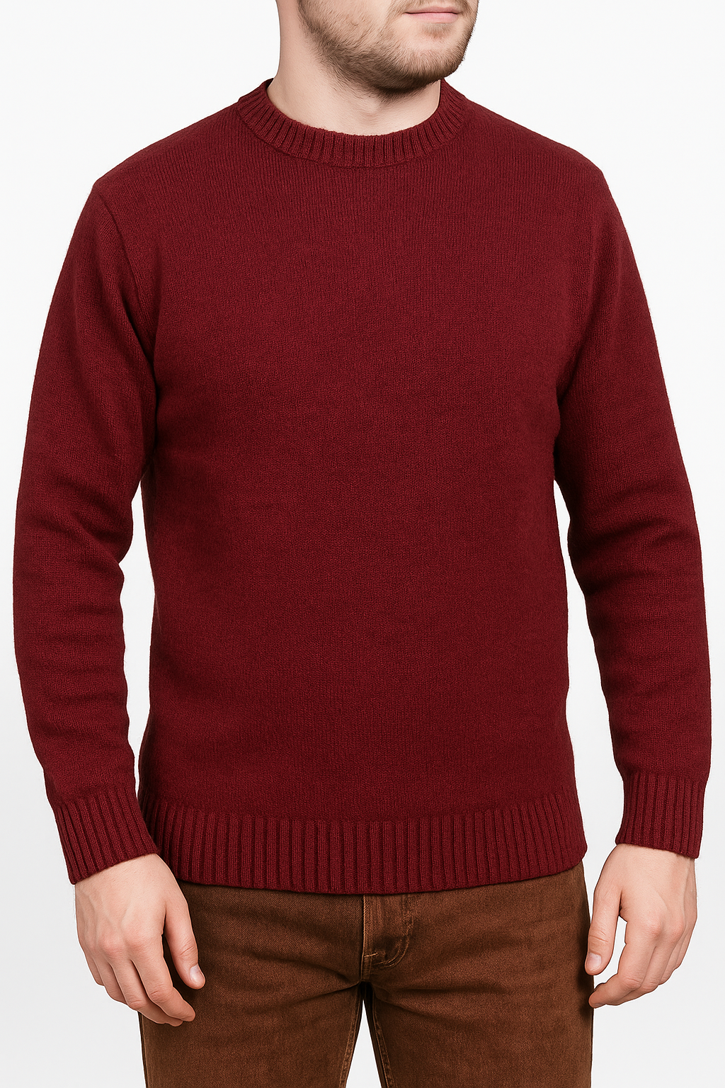 100 Shetland Wool Crew Round Neck Knit Jumper Pullover Mens Sweater Knitted Burgundy