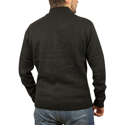 100 Shetland Ragg Wool Half Zip Up Knit Jumper Pullover Mens Sweater Knitted Plain Black