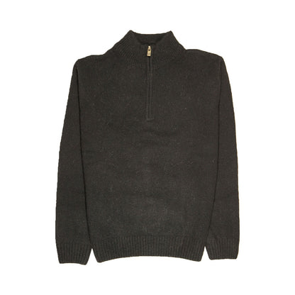 100 Shetland Ragg Wool Half Zip Up Knit Jumper Pullover Mens Sweater Knitted Plain Black