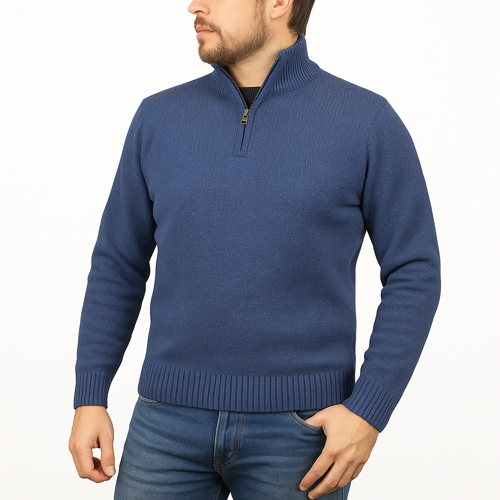 100 Shetland Ragg Wool Half Zip Up Knit Jumper Pullover Mens Sweater Knitted Sky 40 L