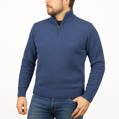 100 Shetland Ragg Wool Half Zip Up Knit Jumper Pullover Mens Sweater Knitted Sky 40 L