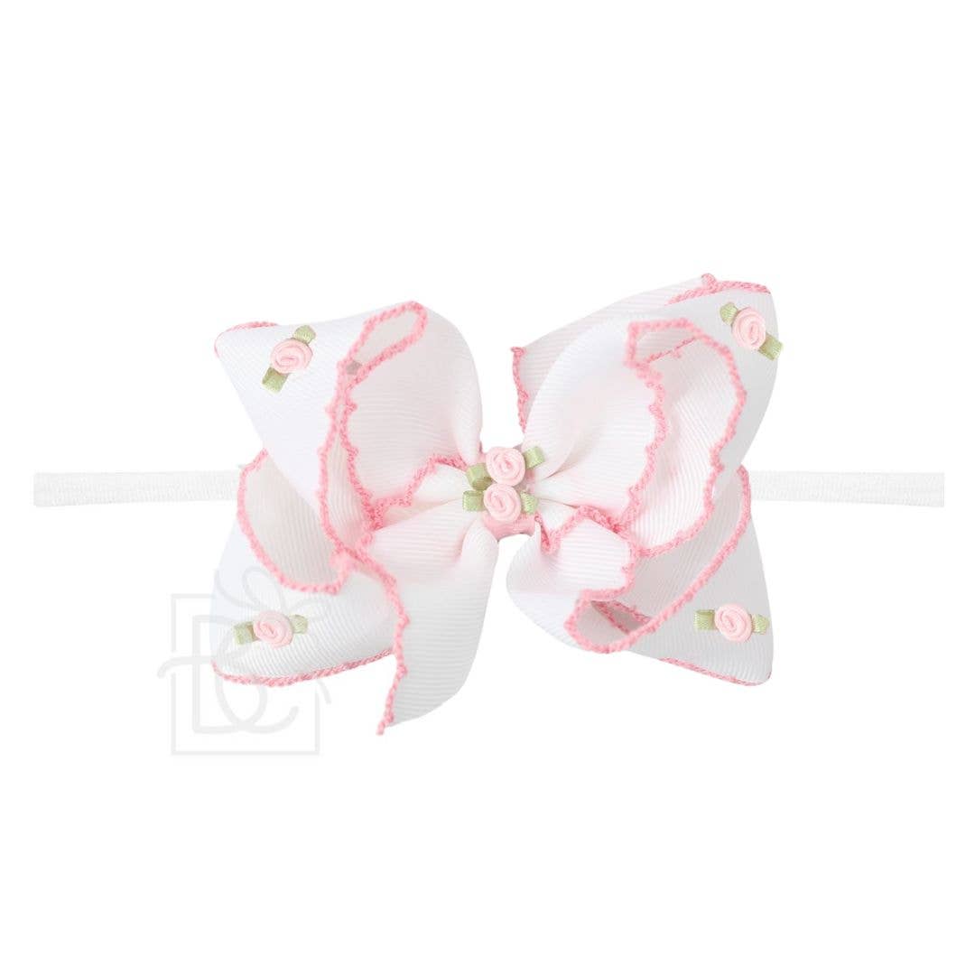 1/4" PANTYHOSE HDBD W/ FLOWER EMBELLISHED CROCHET EDGE BOW: White w/ Light Pink Crochet Edge / 3.5" Medium
