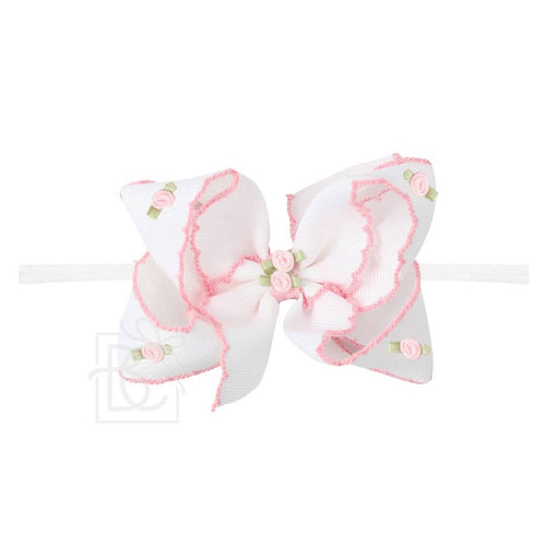 1/4" PANTYHOSE HDBD W/ FLOWER EMBELLISHED CROCHET EDGE BOW: White w/ Light Pink Crochet Edge / 3.5" Medium