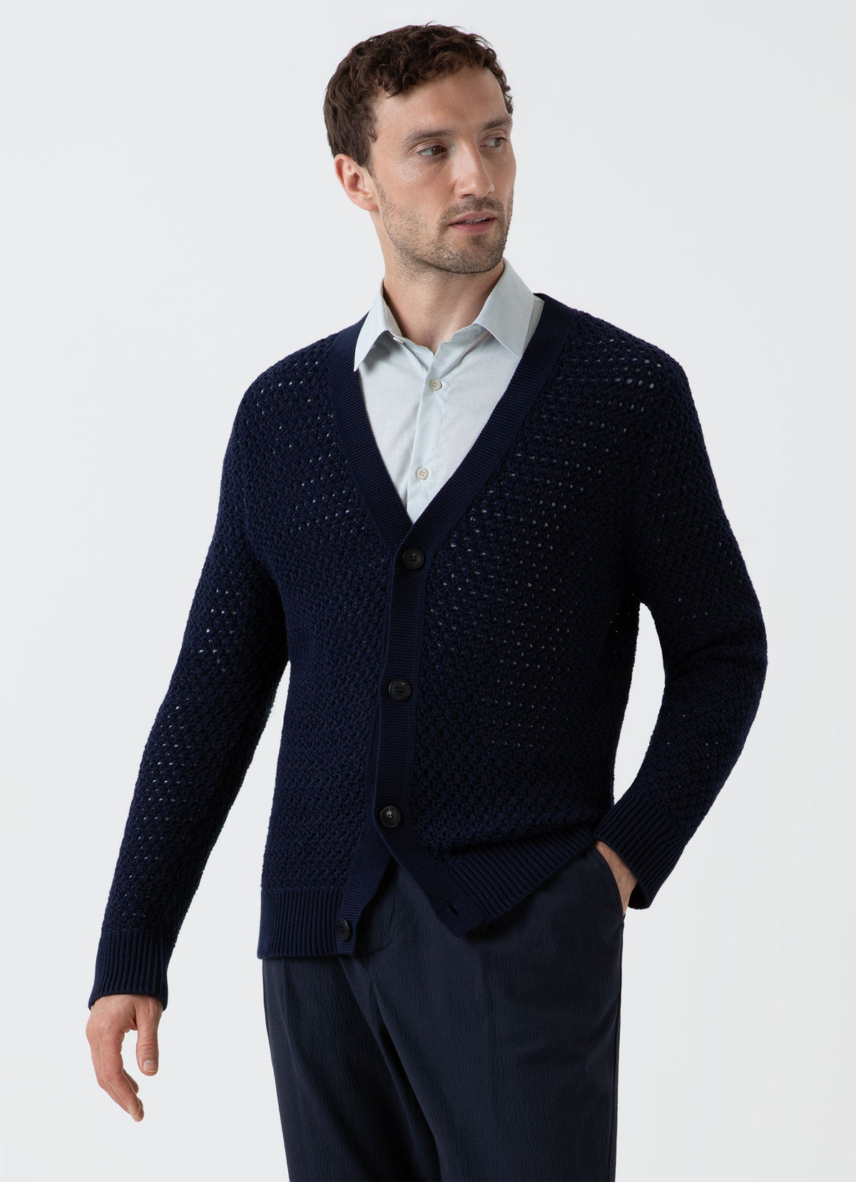 Mens Open Stitch Cardigan In Navy Mcar8236 Buaa