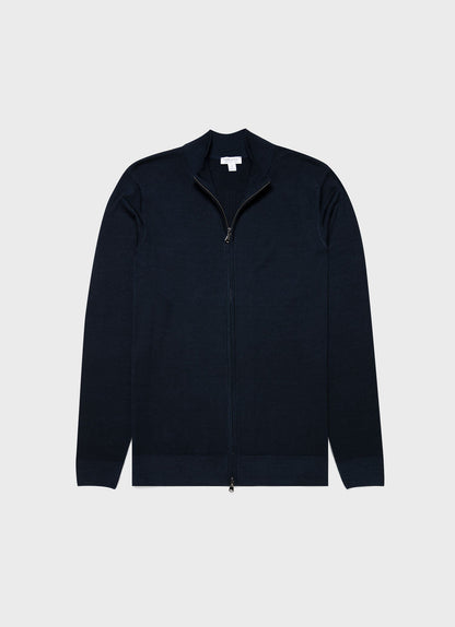 Mens Fine Merino Wool Zip Cardigan In Light Navy