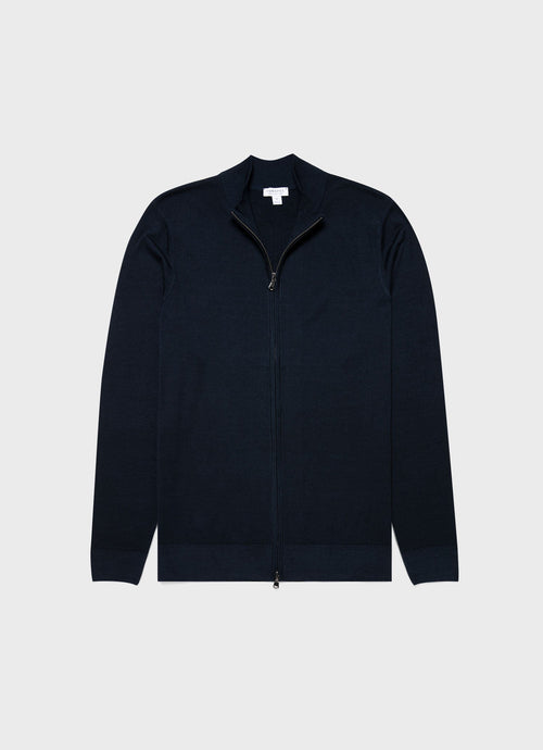 Mens Fine Merino Wool Zip Cardigan In Light Navy