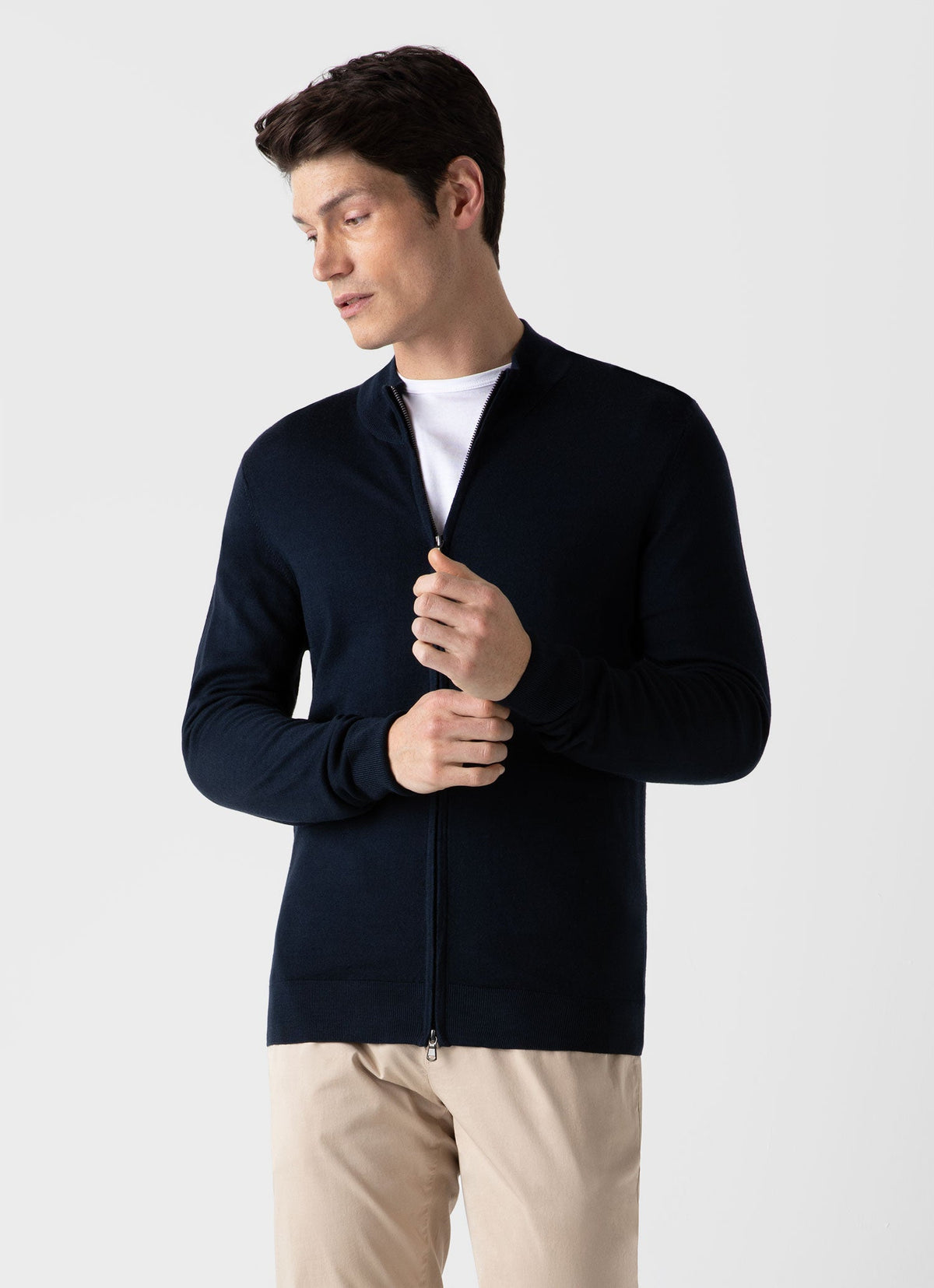 Mens Fine Merino Wool Zip Cardigan In Light Navy