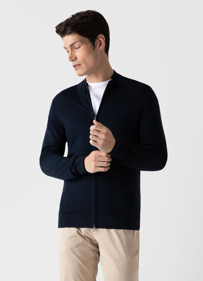 Mens Fine Merino Wool Zip Cardigan In Light Navy