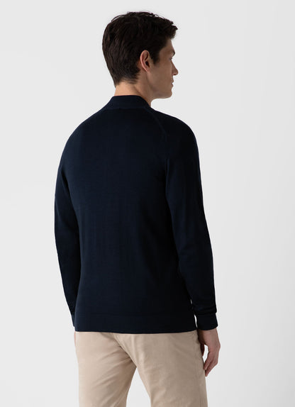 Mens Fine Merino Wool Zip Cardigan In Light Navy