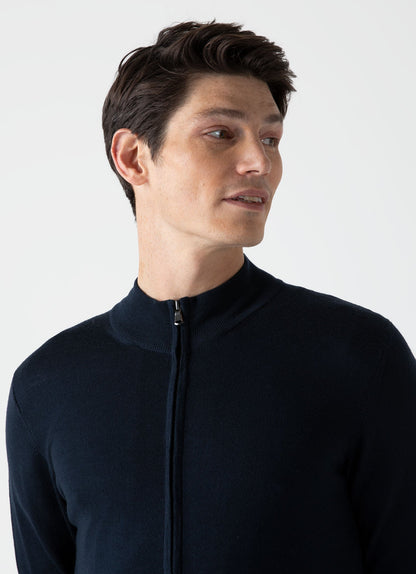 Mens Fine Merino Wool Zip Cardigan In Light Navy