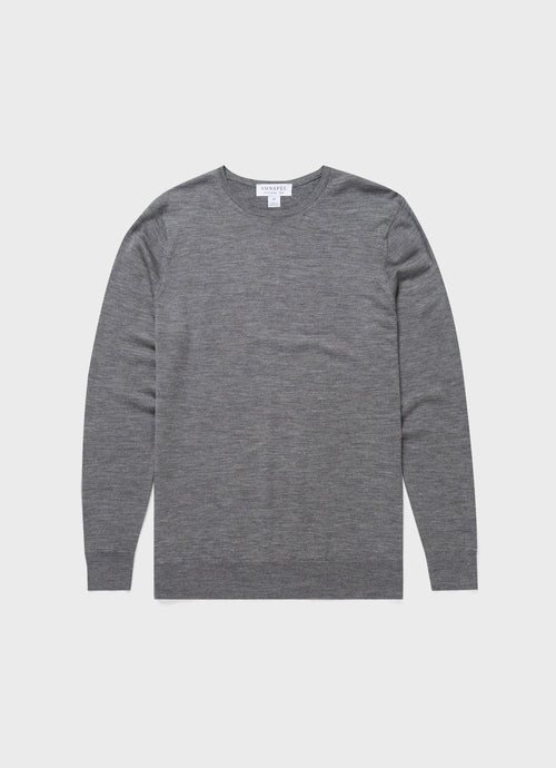 Mens Fine Merino Wool Jumper Grey Melange Mjum8058